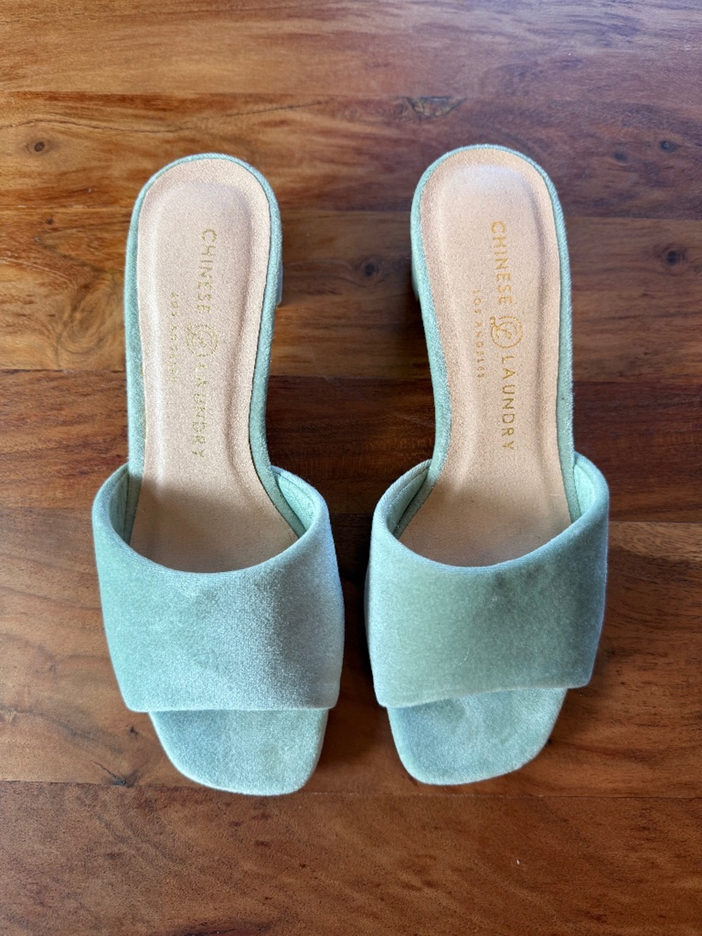 Chinese Laundry Lana Mint Green Velvet Slide Heels